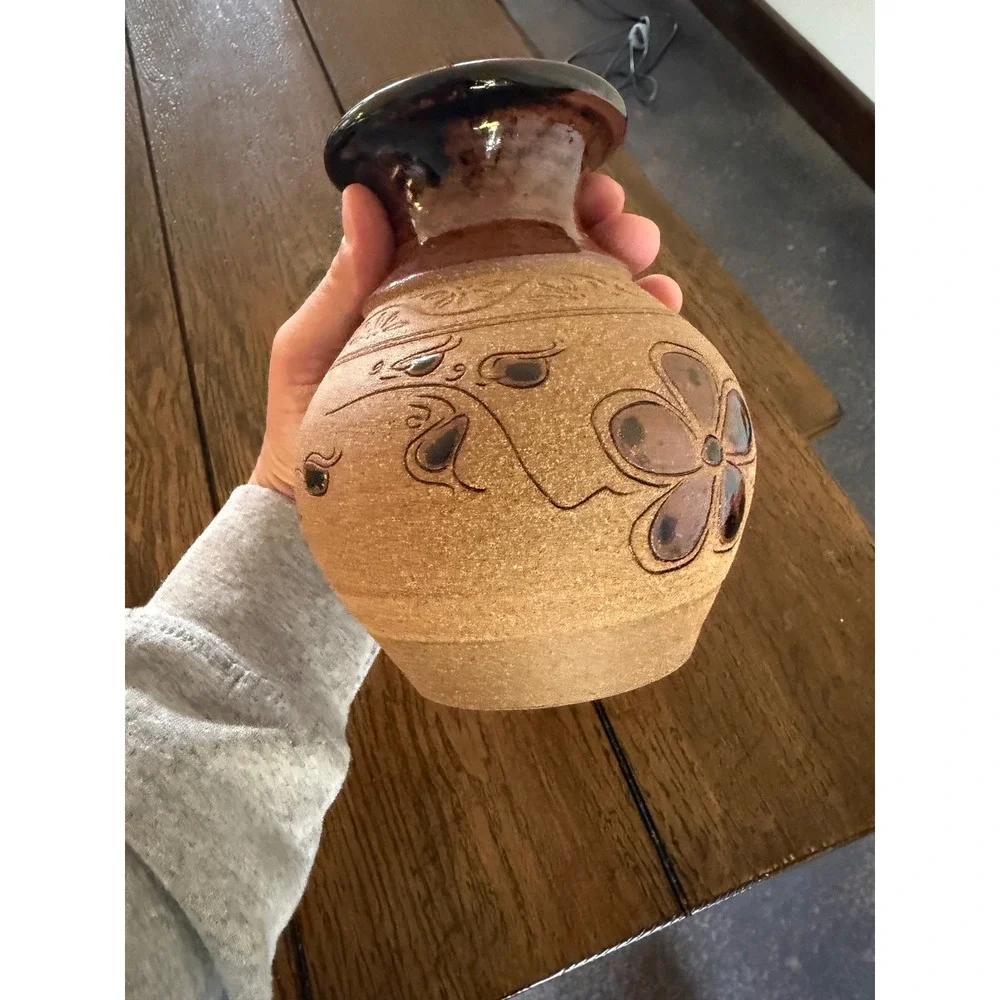 Vintage Pottery Vase Small Brown Tan Good Etched Floral Stoneware Studio Signed